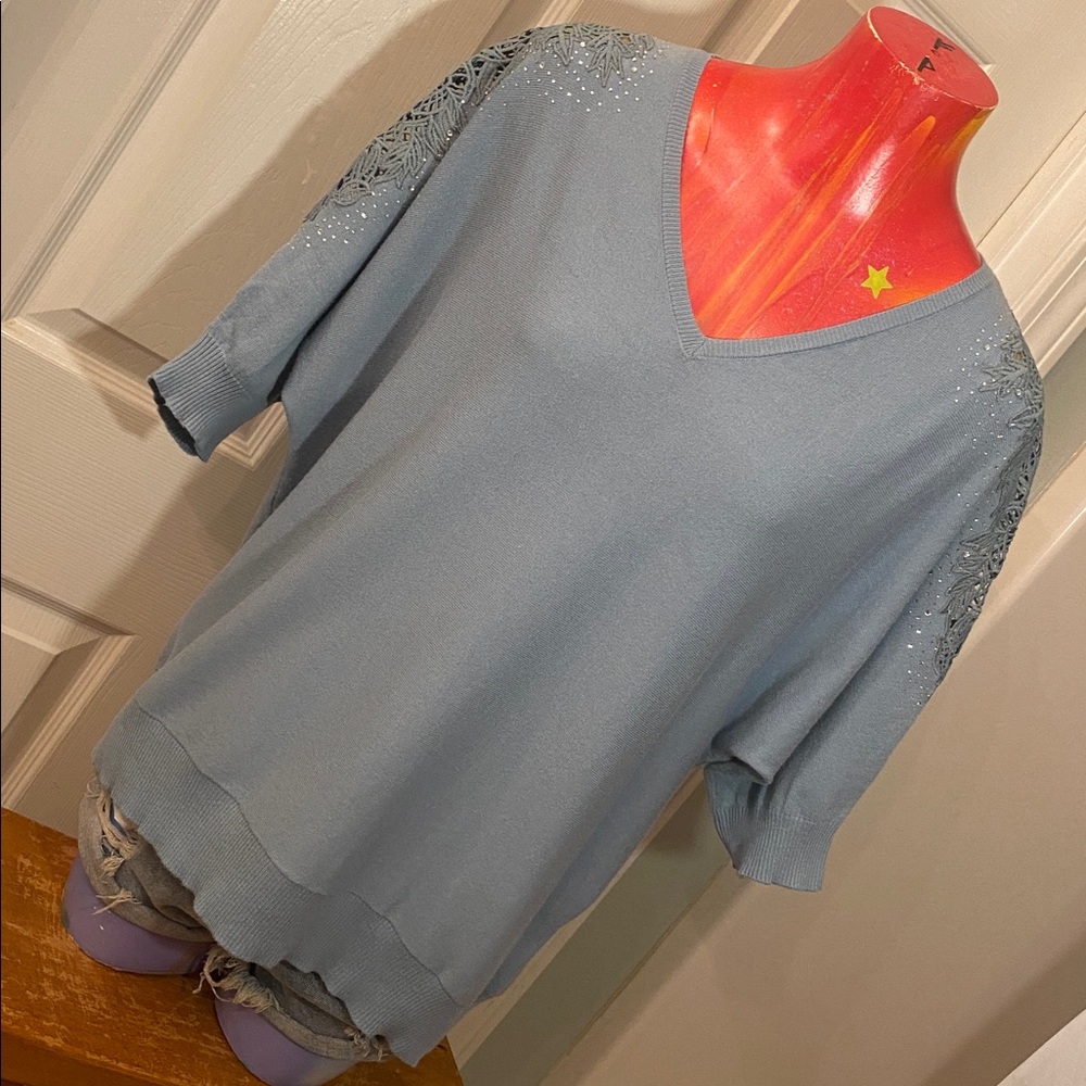 V-Neck Light Blue Embellished Women’s Top